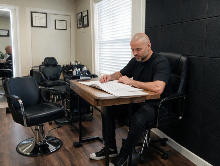 Bald bearded man in a black t-shirt and jeans sits at a wooden desk reading papers beside a window