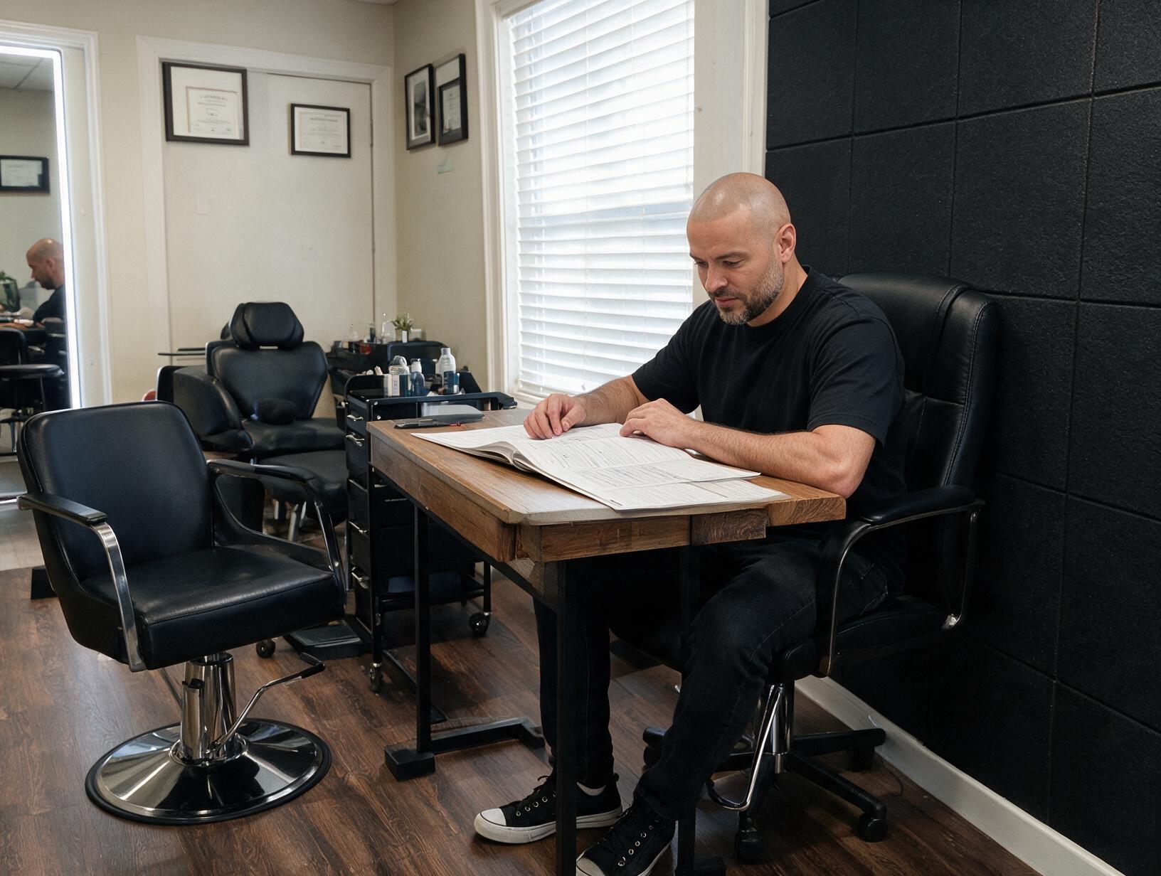 Bald bearded man in a black T-shirt and jeans sits at a wooden desk reading papers beside a window