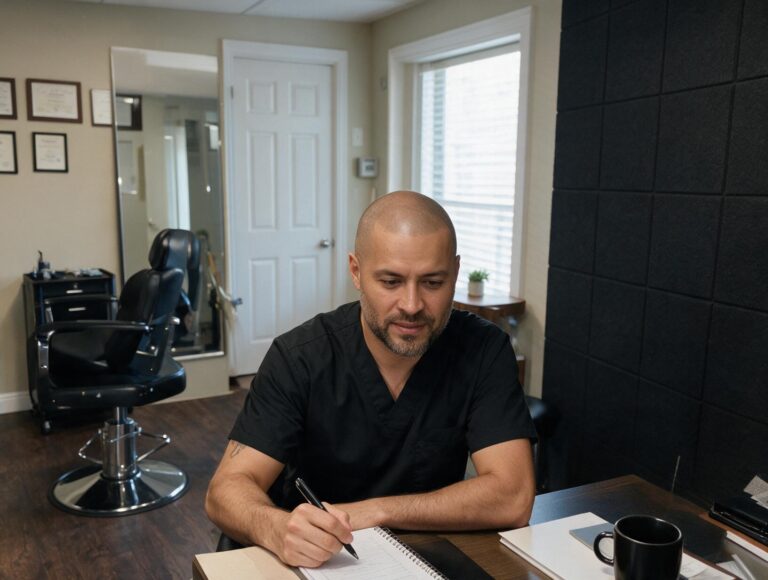 Bald bearded man in a black scrub top writes in a notebook at a desk, with a black chair, mirror, door and window behind him.