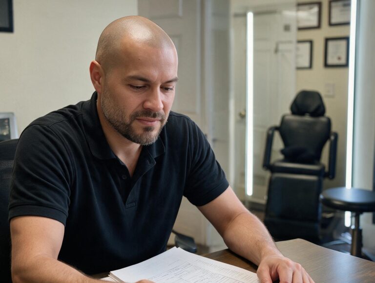 Bald bearded man in a black polo sits at a desk reading papers