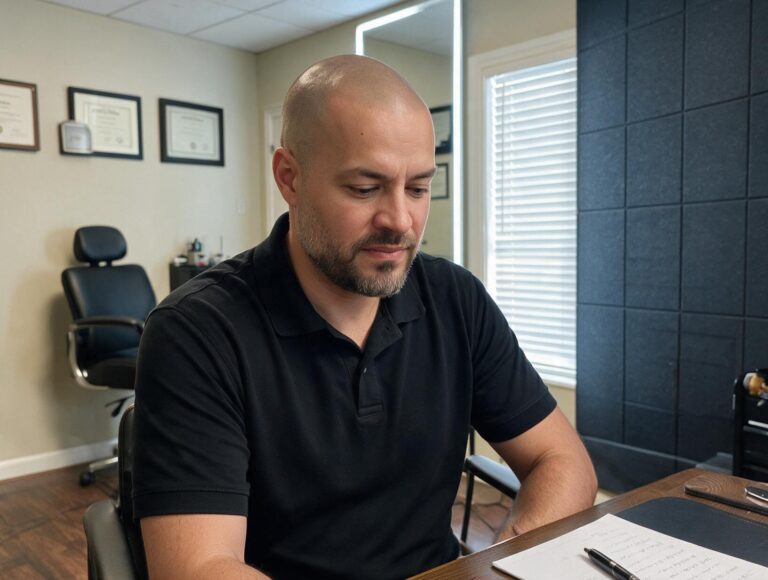 Bald bearded man in a black polo sits at a desk looking down at handwritten notes in a studio with a window and a dark wall
